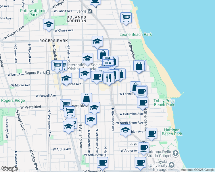 map of restaurants, bars, coffee shops, grocery stores, and more near 6930 North Glenwood Avenue in Chicago