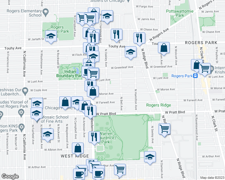 map of restaurants, bars, coffee shops, grocery stores, and more near 2220 West Morse Avenue in Chicago