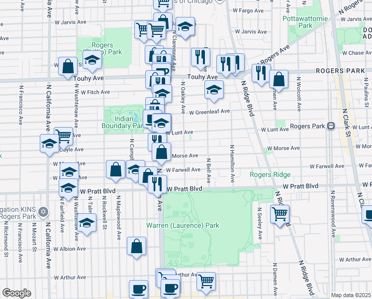 map of restaurants, bars, coffee shops, grocery stores, and more near 2308 West Morse Avenue in Chicago