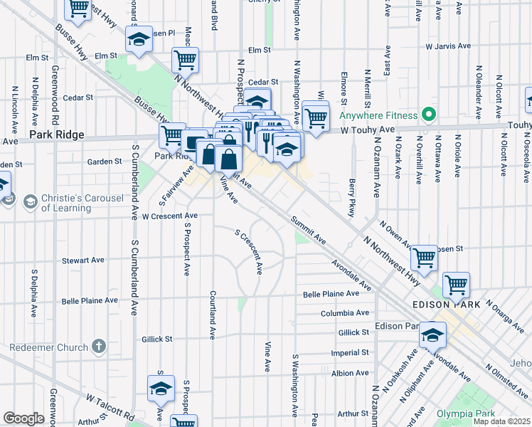 map of restaurants, bars, coffee shops, grocery stores, and more near 257 Vine Avenue in Park Ridge