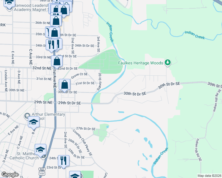 map of restaurants, bars, coffee shops, grocery stores, and more near 430 30th Street Drive Southeast in Cedar Rapids