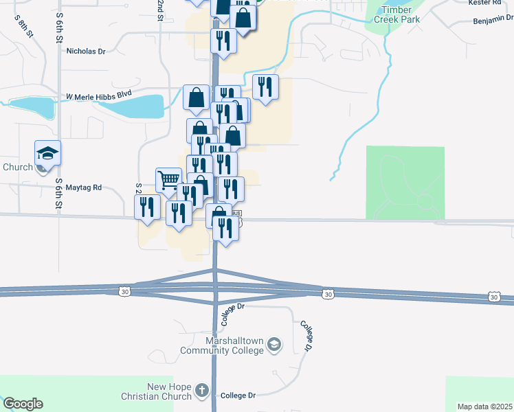 map of restaurants, bars, coffee shops, grocery stores, and more near 100-598 U.S. 30 Business in Marshalltown