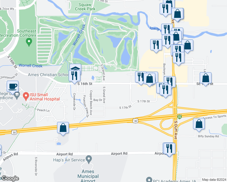 map of restaurants, bars, coffee shops, grocery stores, and more near 1609 Golden Aspen Drive in Ames