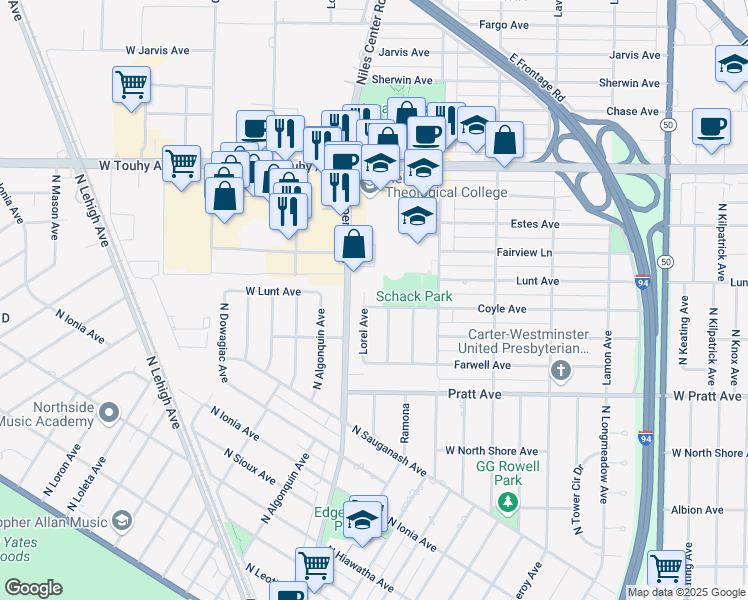 map of restaurants, bars, coffee shops, grocery stores, and more near 5320 Coyle Avenue in Skokie
