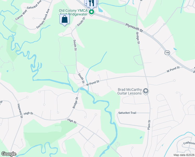 map of restaurants, bars, coffee shops, grocery stores, and more near 102 West Pond Street in East Bridgewater