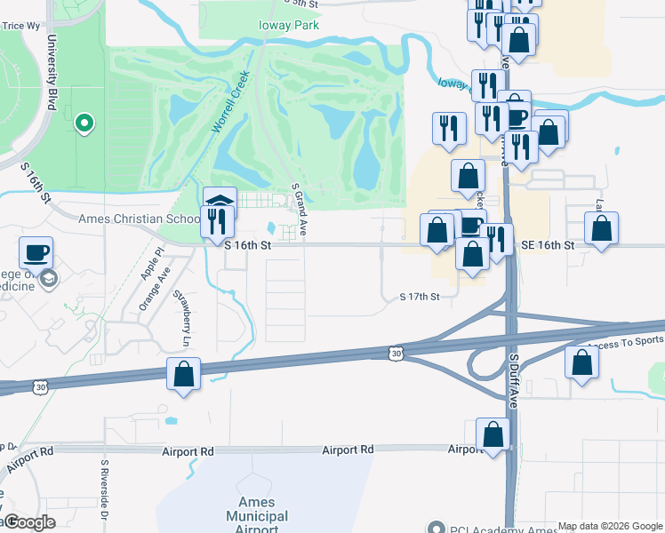 map of restaurants, bars, coffee shops, grocery stores, and more near 1609 Golden Aspen Drive in Ames
