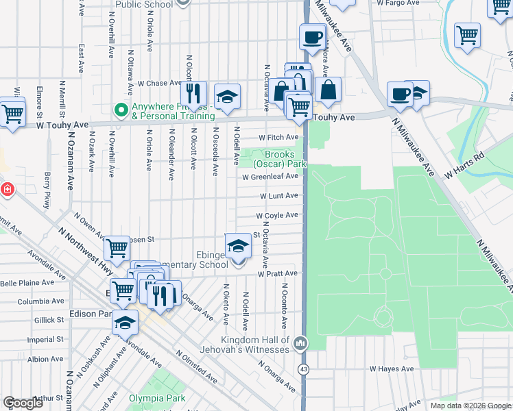 map of restaurants, bars, coffee shops, grocery stores, and more near 7315 West Lunt Avenue in Chicago