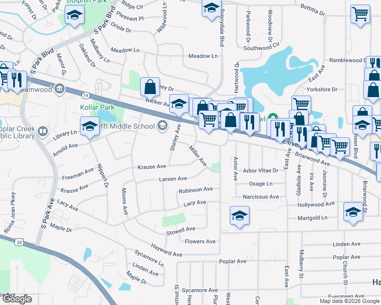 map of restaurants, bars, coffee shops, grocery stores, and more near 901 Miller Avenue in Streamwood