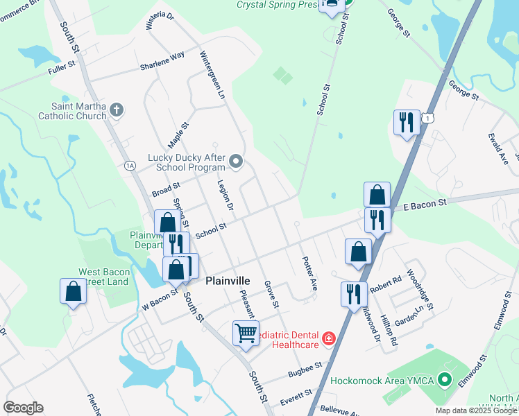 map of restaurants, bars, coffee shops, grocery stores, and more near 52 School Street in Plainville