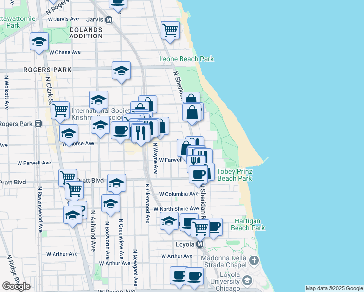 map of restaurants, bars, coffee shops, grocery stores, and more near 1225 West Morse Avenue in Chicago