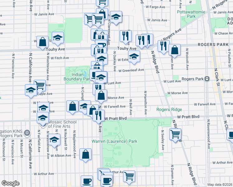 map of restaurants, bars, coffee shops, grocery stores, and more near 2308 West Morse Avenue in Chicago