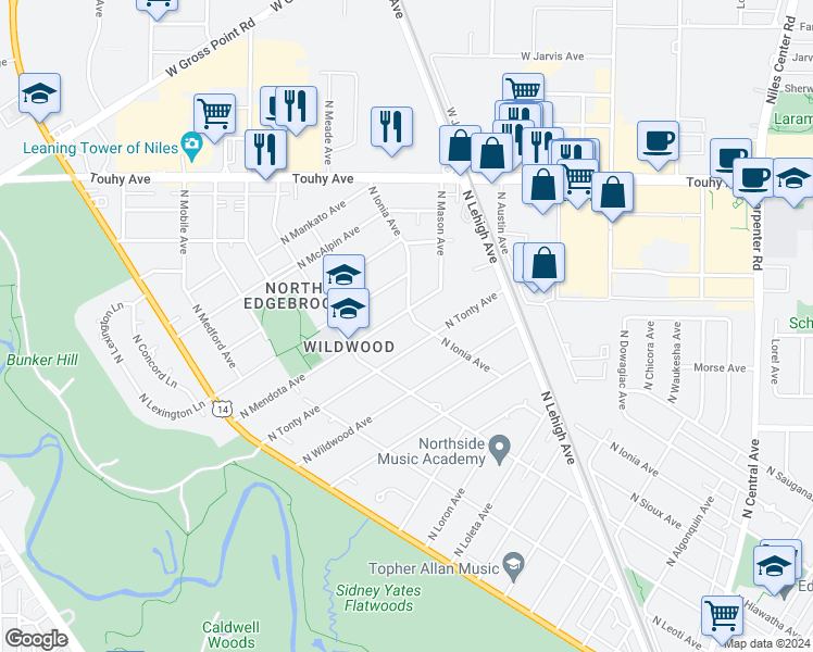 map of restaurants, bars, coffee shops, grocery stores, and more near 6964 North Ionia Avenue in Chicago