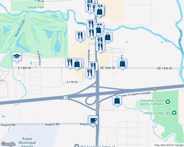 map of restaurants, bars, coffee shops, grocery stores, and more near 1601-1801 S Duff Ave in Ames