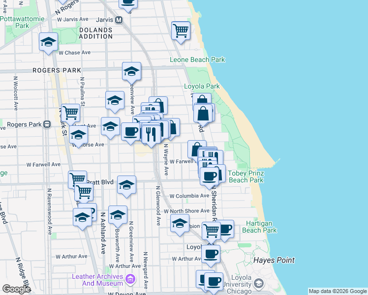 map of restaurants, bars, coffee shops, grocery stores, and more near 1225 West Morse Avenue in Chicago