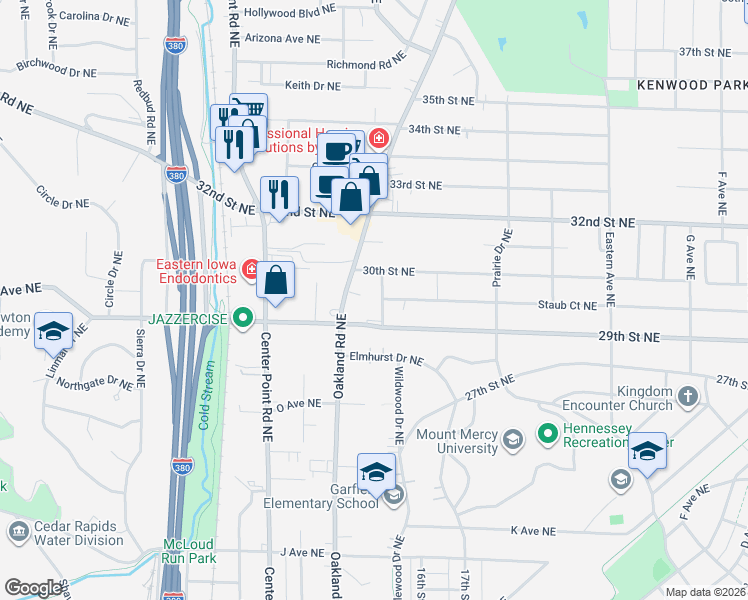 map of restaurants, bars, coffee shops, grocery stores, and more near 2920 Wildwood Ct NE in Cedar Rapids