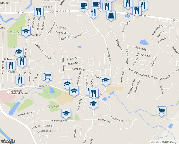 map of restaurants, bars, coffee shops, grocery stores, and more near 27 Campeau Street in Woonsocket