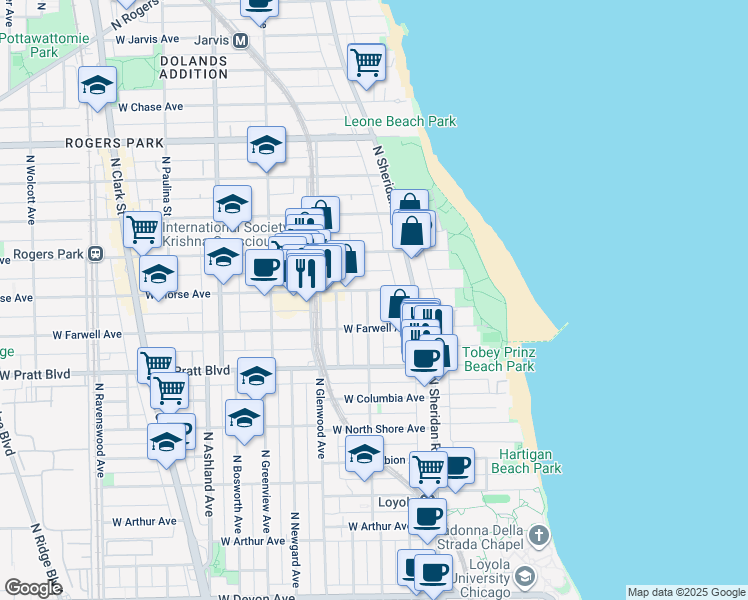 map of restaurants, bars, coffee shops, grocery stores, and more near 1225 West Morse Avenue in Chicago