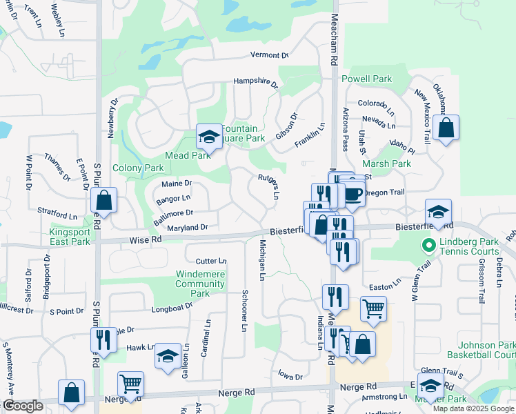 map of restaurants, bars, coffee shops, grocery stores, and more near 578 Rutgers Lane in Elk Grove Village
