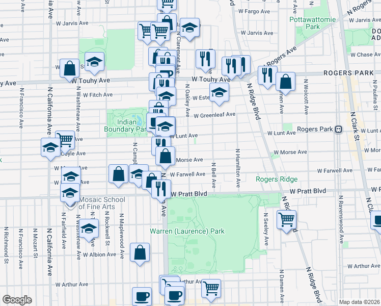 map of restaurants, bars, coffee shops, grocery stores, and more near 2308 West Morse Avenue in Chicago