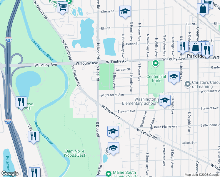 map of restaurants, bars, coffee shops, grocery stores, and more near 2101 West Talcott Road in Park Ridge