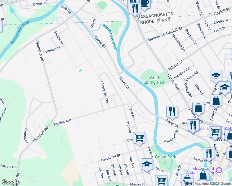 map of restaurants, bars, coffee shops, grocery stores, and more near 708 3rd Avenue in Woonsocket