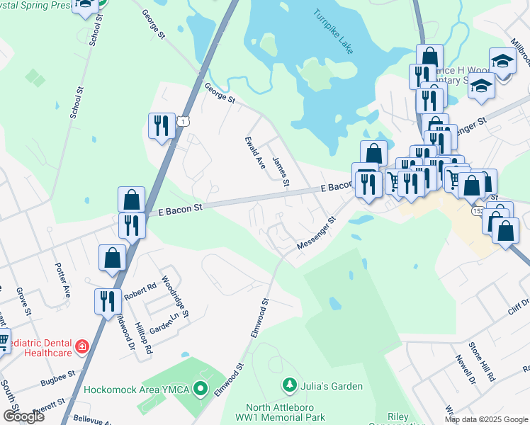 map of restaurants, bars, coffee shops, grocery stores, and more near 30 Sunnyside Drive in Plainville