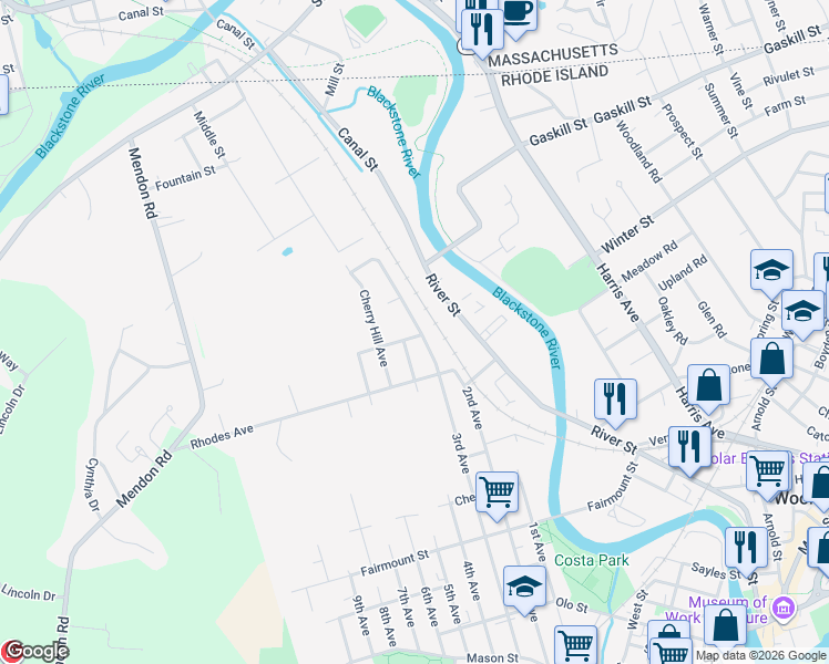 map of restaurants, bars, coffee shops, grocery stores, and more near 708 3rd Avenue in Woonsocket