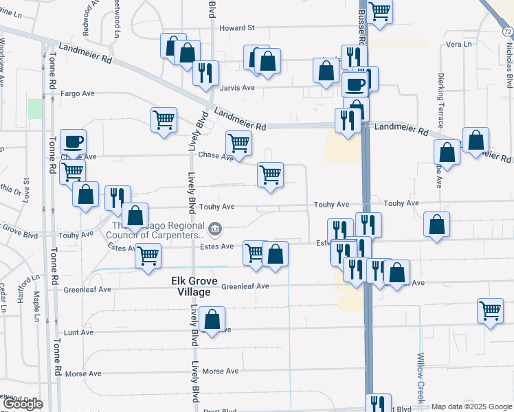 map of restaurants, bars, coffee shops, grocery stores, and more near 1301 Touhy Avenue in Elk Grove Village
