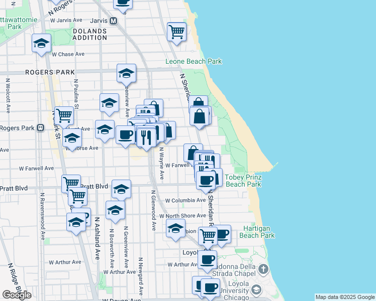 map of restaurants, bars, coffee shops, grocery stores, and more near 1225 West Morse Avenue in Chicago