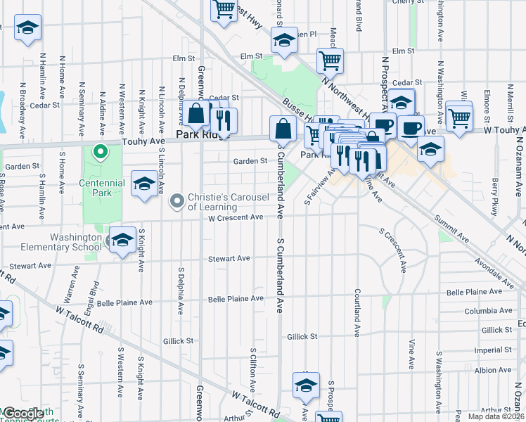 map of restaurants, bars, coffee shops, grocery stores, and more near 920 West Crescent Avenue in Park Ridge