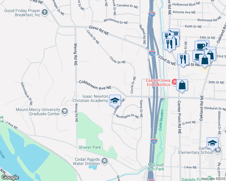 map of restaurants, bars, coffee shops, grocery stores, and more near 2189 Coldstream Avenue Northeast in Cedar Rapids