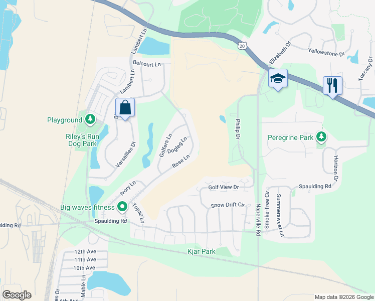 map of restaurants, bars, coffee shops, grocery stores, and more near 624 Rose Lane in Bartlett