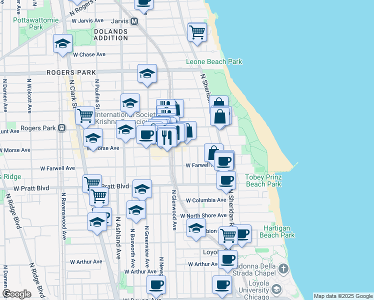 map of restaurants, bars, coffee shops, grocery stores, and more near 1323 West Morse Avenue in Chicago