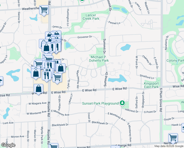 map of restaurants, bars, coffee shops, grocery stores, and more near 1041 Brunswick Harbor in Schaumburg