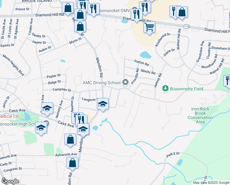 map of restaurants, bars, coffee shops, grocery stores, and more near 32 Theresa Street in Woonsocket