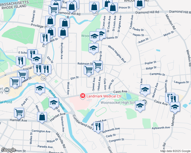 map of restaurants, bars, coffee shops, grocery stores, and more near 138 Hebert Avenue in Woonsocket