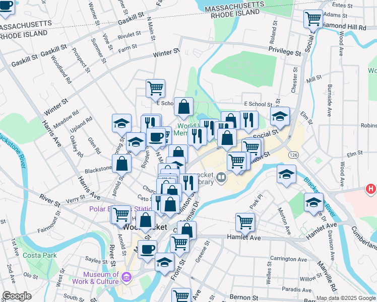 map of restaurants, bars, coffee shops, grocery stores, and more near 136 Earle Street in Woonsocket