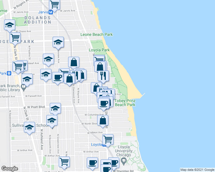 map of restaurants, bars, coffee shops, grocery stores, and more near 1125 West Morse Avenue in Chicago