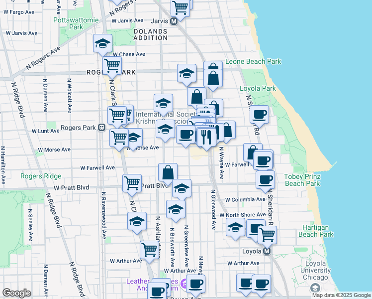 map of restaurants, bars, coffee shops, grocery stores, and more near 6925 North Greenview Avenue in Chicago