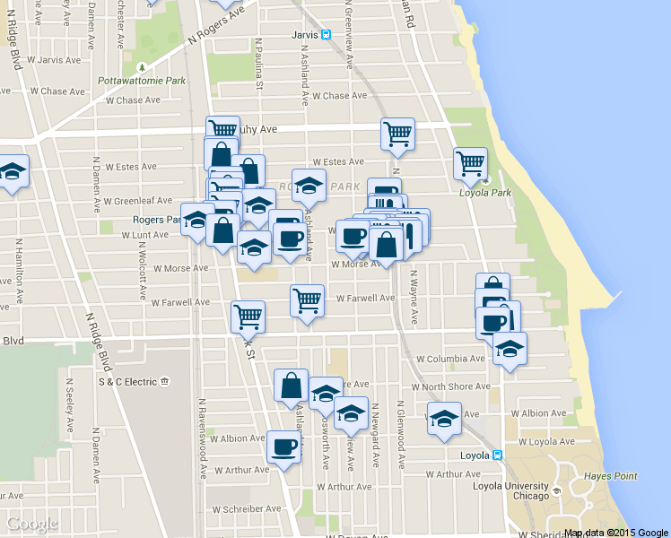 map of restaurants, bars, coffee shops, grocery stores, and more near 1527 West Morse Avenue in Chicago
