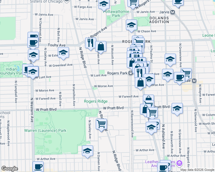 map of restaurants, bars, coffee shops, grocery stores, and more near 1937 West Morse Avenue in Chicago