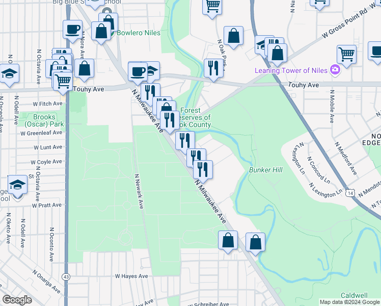 map of restaurants, bars, coffee shops, grocery stores, and more near 6909 North Milwaukee Avenue in Niles