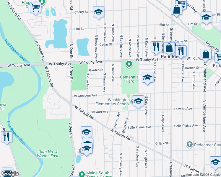 map of restaurants, bars, coffee shops, grocery stores, and more near 209 South Home Avenue in Park Ridge