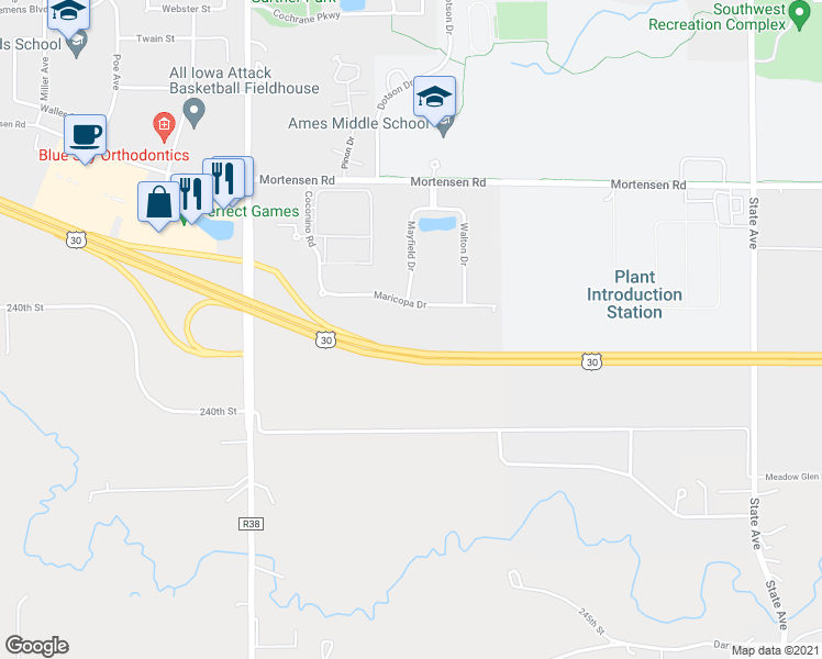 map of restaurants, bars, coffee shops, grocery stores, and more near 4110 Maricopa Drive in Ames