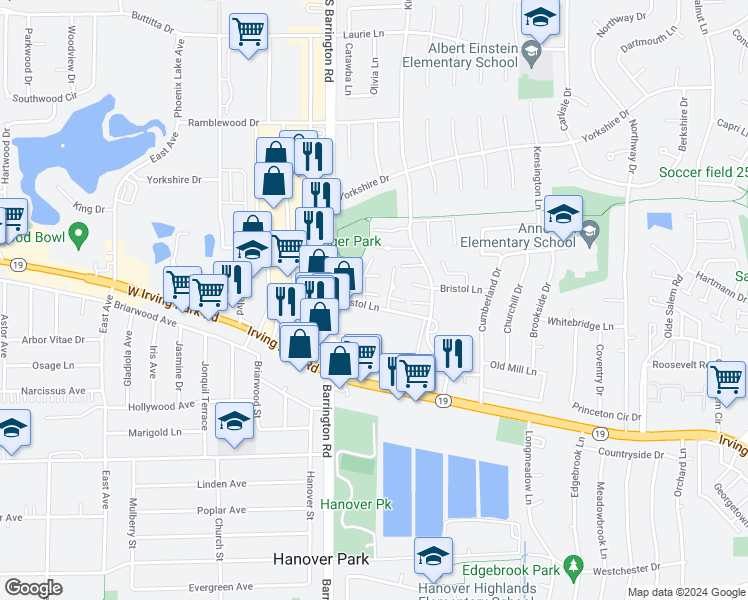 map of restaurants, bars, coffee shops, grocery stores, and more near 7540 Bristol Lane in Hanover Park