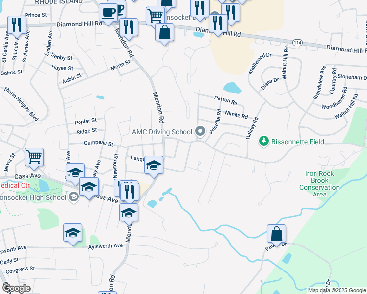 map of restaurants, bars, coffee shops, grocery stores, and more near 32 Theresa Street in Woonsocket
