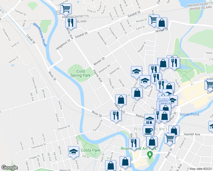 map of restaurants, bars, coffee shops, grocery stores, and more near 253 Harris Avenue in Woonsocket