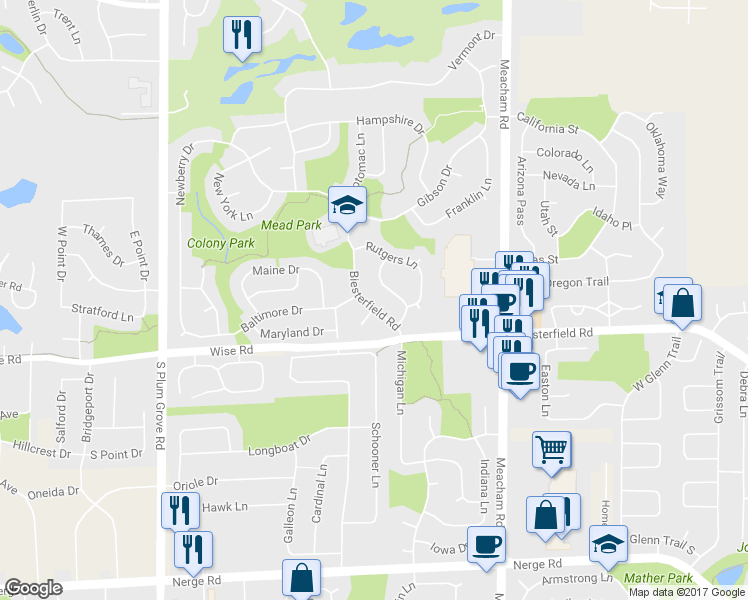map of restaurants, bars, coffee shops, grocery stores, and more near 1722 Biesterfield Road in Elk Grove Village