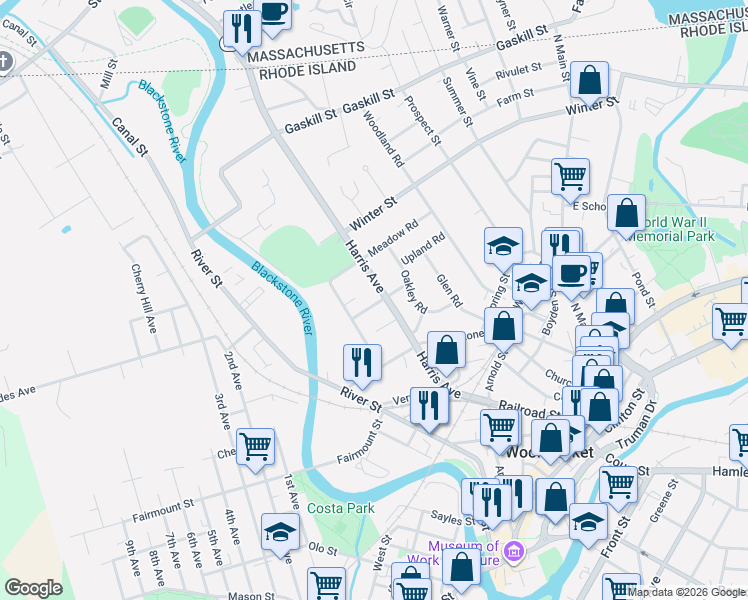 map of restaurants, bars, coffee shops, grocery stores, and more near 32 Lyman Street in Woonsocket