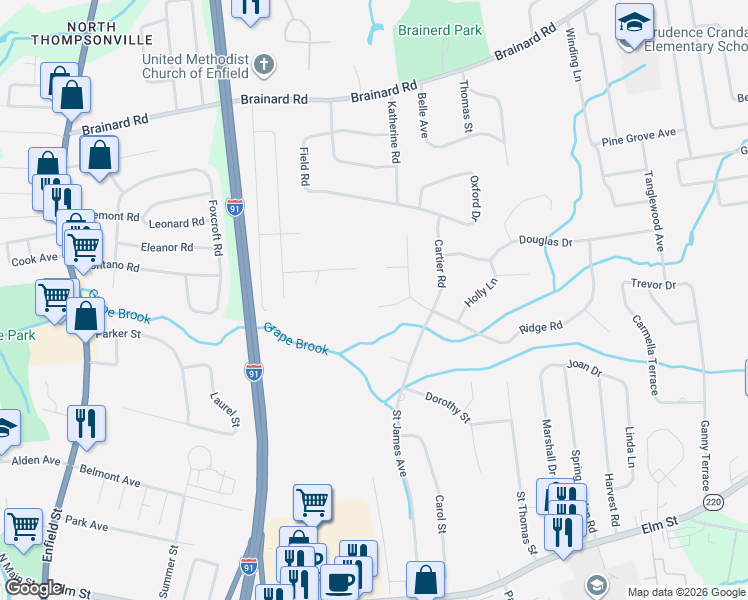 map of restaurants, bars, coffee shops, grocery stores, and more near 19 Falcon Crest Road in Enfield